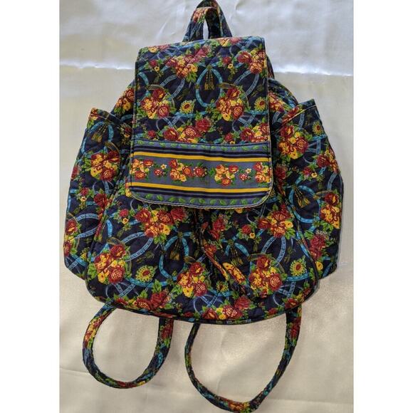 Cute Quilted Fabric Drawstring Backpack Purse Roses Floral Pattern Colorful - Picture 1 of 5